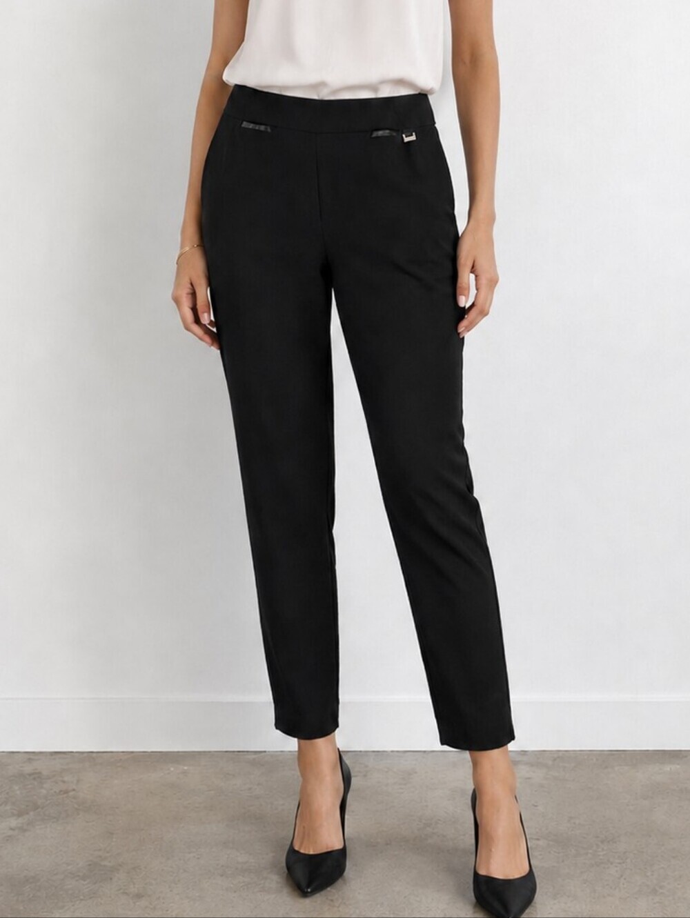 ANNE KLEIN Women's Black Slim Ankle Dress Pants Faux Leather Trim Size Large